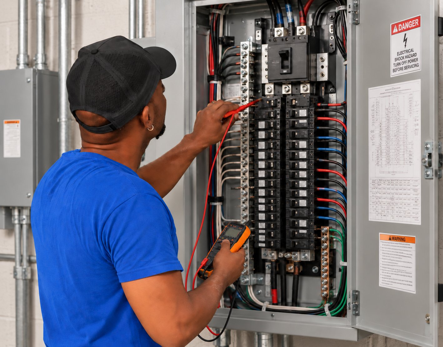Profesional revisando cuadro eléctrico con multímetro